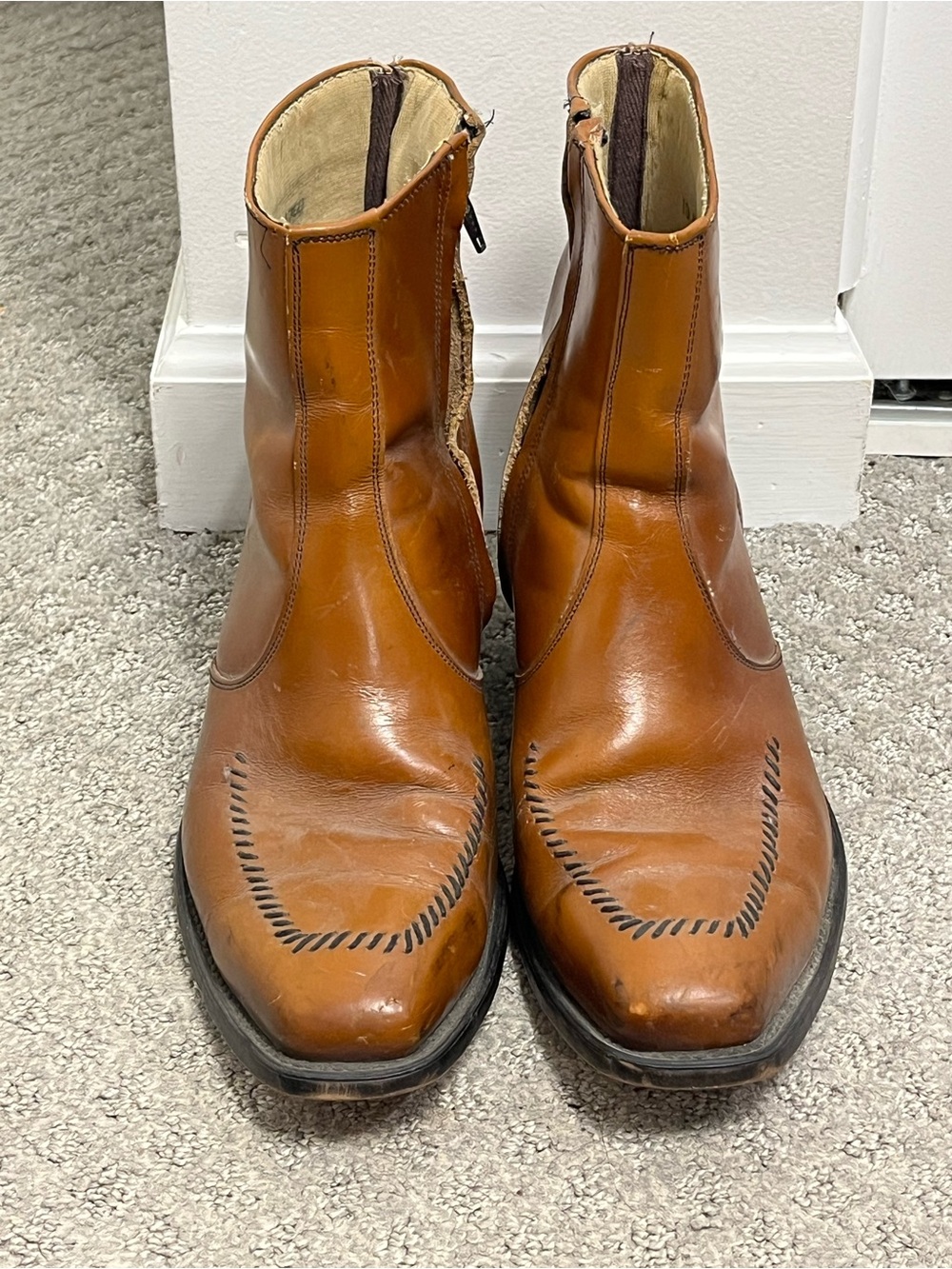 Vtg 1970s Wrangler Chestnut Leather Boots Square Toe Whipstitch Zip Western 10EE